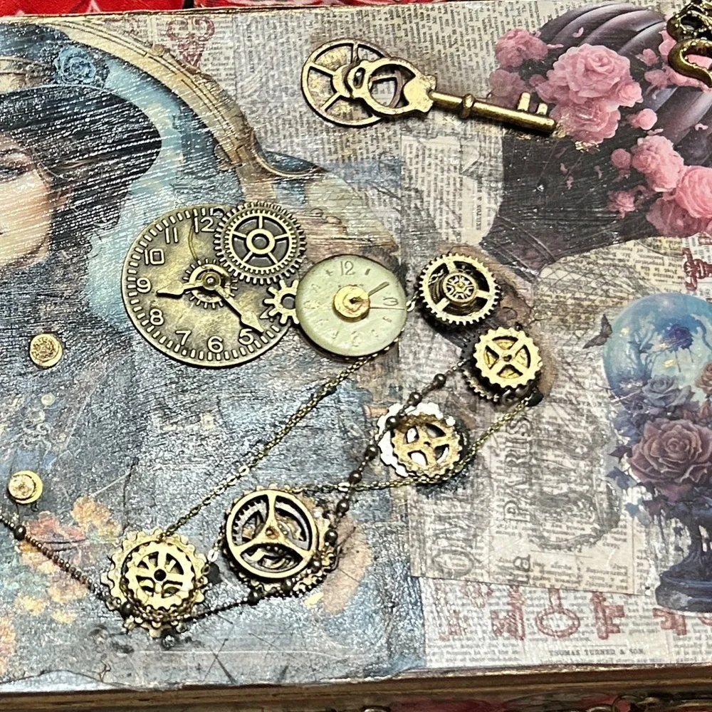 Steampunk Jewelry Box #3 Handmade Vintage Victorian Gear Decor Blue Velvet int